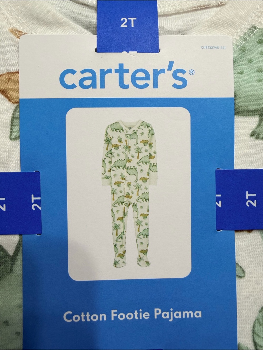 Carter's White Footed Pajama with Green & Brown Dinosaur Print - Picture 2 of 4